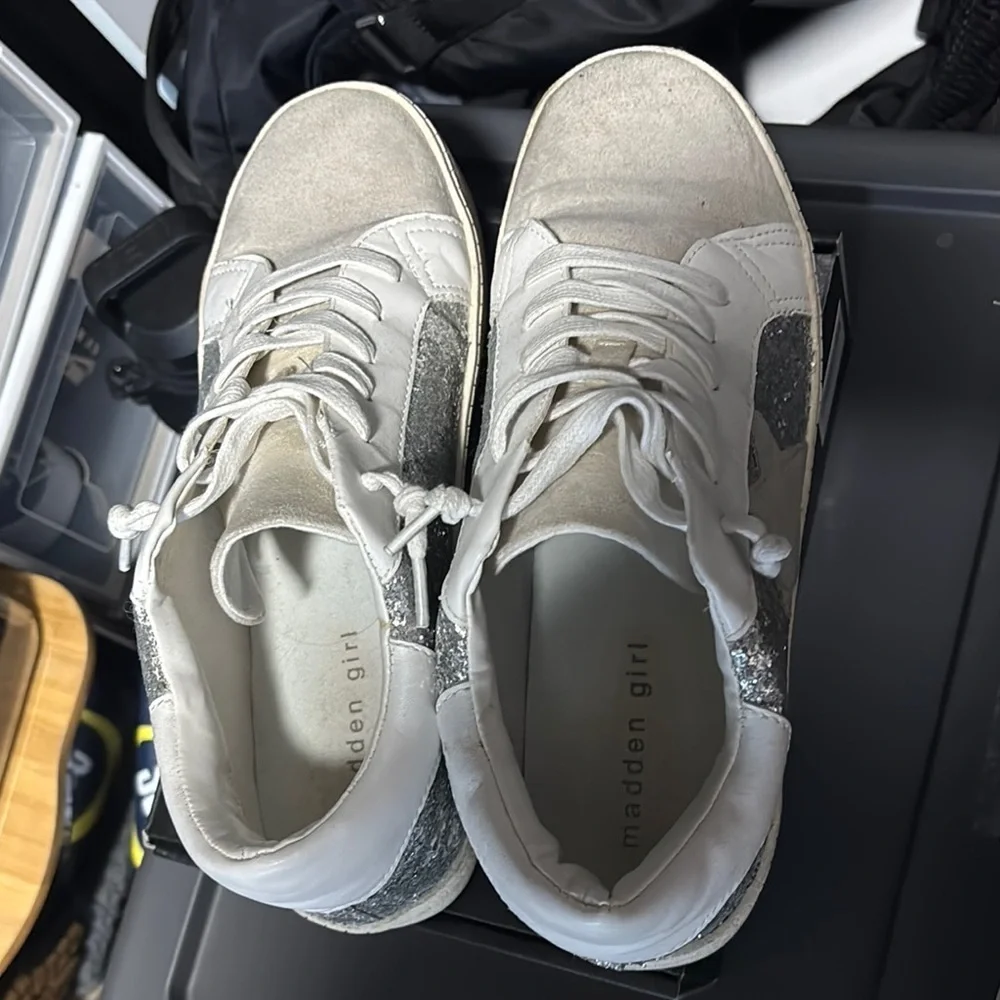 Madden Girl White and Gray Glitter Sneakers